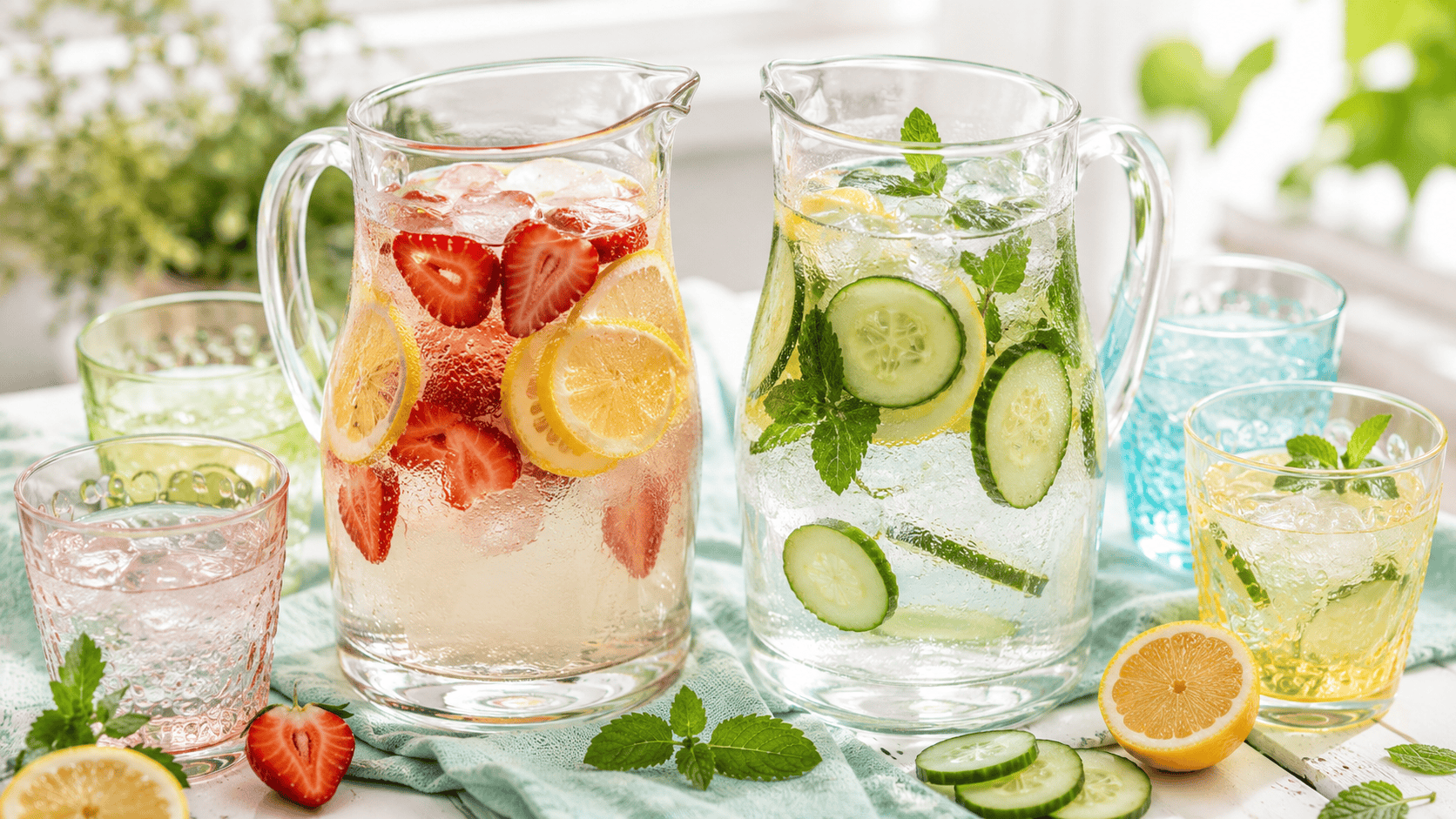 Jarras de agua infusionada con fresas y pepino como alternativa saludable a los refrescos en fiestas infantiles
