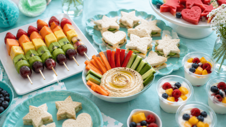 Meriendas saludables para fiestas infantiles — brochetas de fruta y snacks coloridos en una mesa de cumpleaños