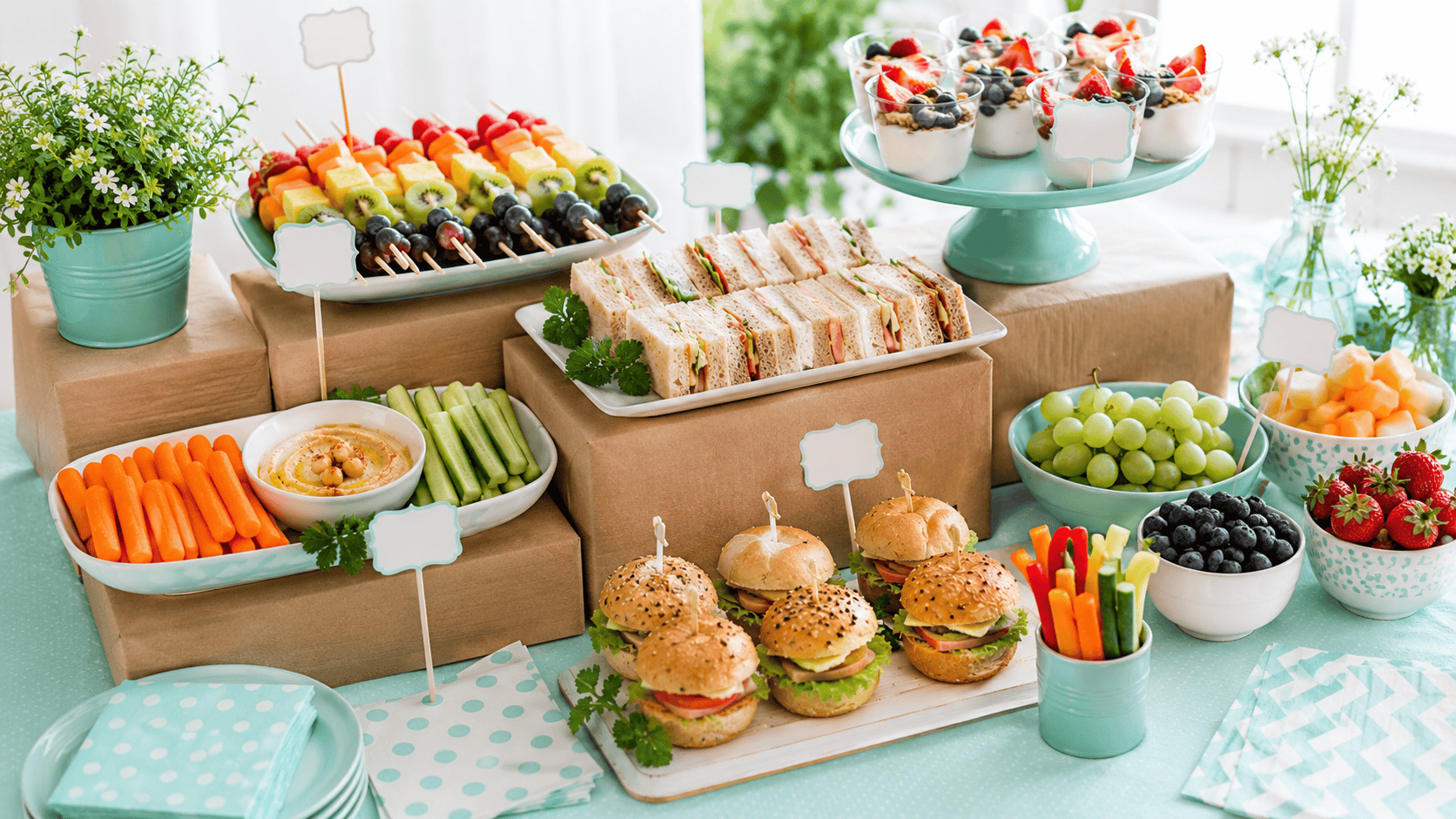 Mesa de meriendas para fiesta infantil montada con diferentes alturas y etiquetas — trucos de presentación Mundo Samadry
