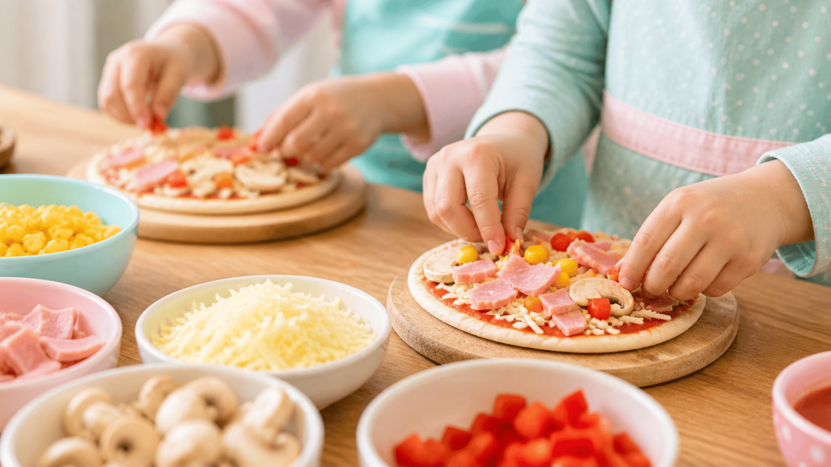 Niños montando sus propias pizzas mini en una fiesta infantil — actividad y merienda a la vez