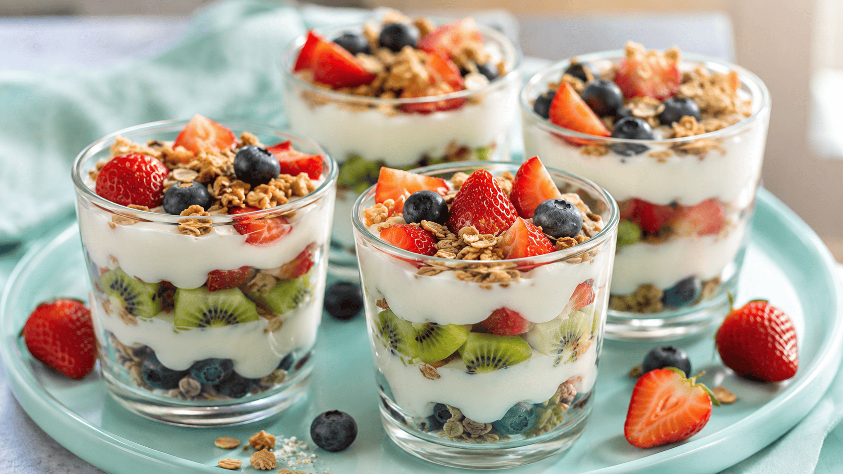 Vasitos de yogur griego con capas de fruta fresca y granola casera para fiestas infantiles