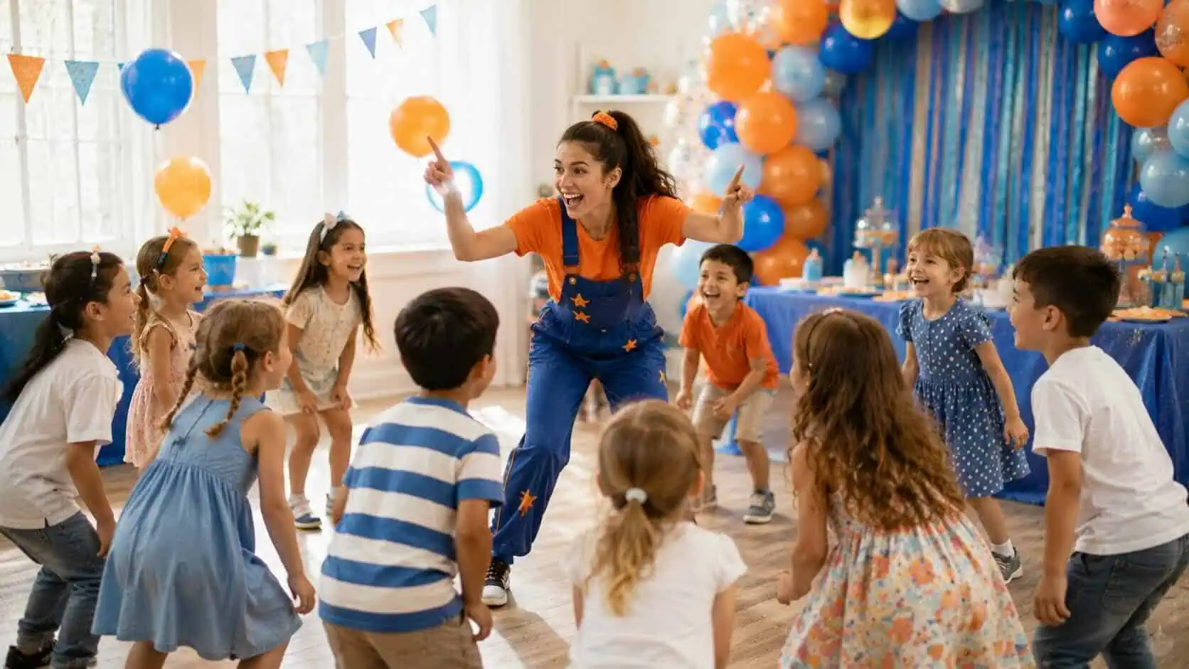 Animador infantil profesional dirigiendo un juego activo con niños en una fiesta de cumpleaños en Madrid