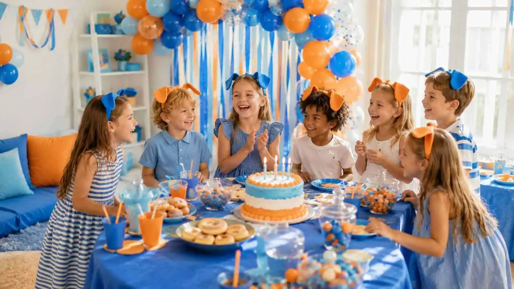 Grupo de niños felices celebrando un cumpleaños temático con decoración azul y naranja estilo Bluey